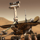 An artist’s concept portrays a NASA Mars Exploration Rover on the surface of Mars.